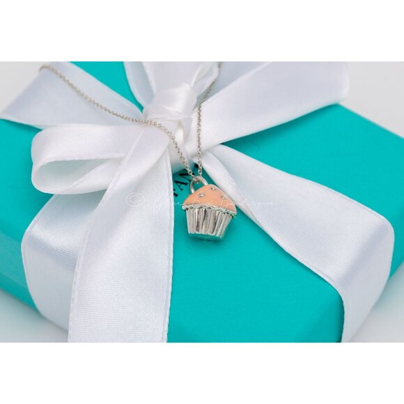 Tiffany & Co. Baker's Cupcake Pendant Pink Peach Frosting Charm Necklace Silver - Picture 4 of 6
